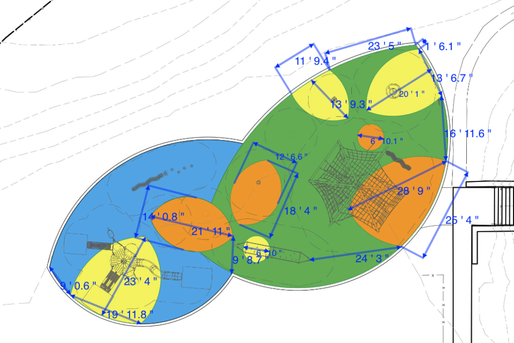 An graphic of the plan for the playground, with the locations of the play equipment and the poured rubber colors - yellow and orange for the smaller, lozenge shaped areas, blue for the larger and green for the largest area at the Anne Beers Elementary School playground in Washington, D.C.