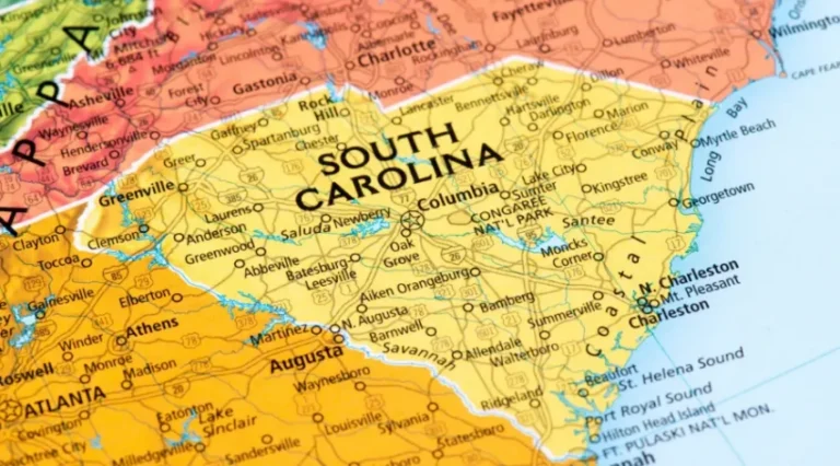 Colored map showing South Carolina with surrounding states labeled and major cities marked.