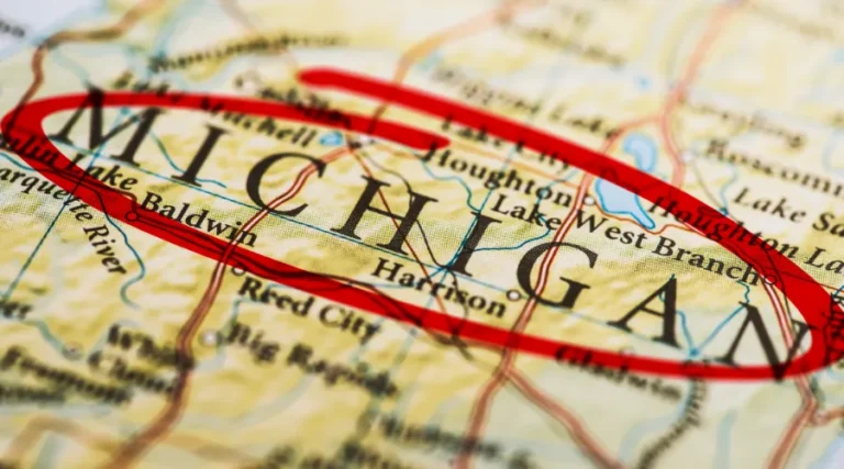 Close-up map showing Michigan highlighted by a red oval marker around the state.